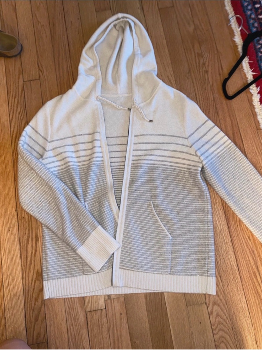 St John - Cozy Hooded Striped Knit Cardigan - Cream & Light Gray